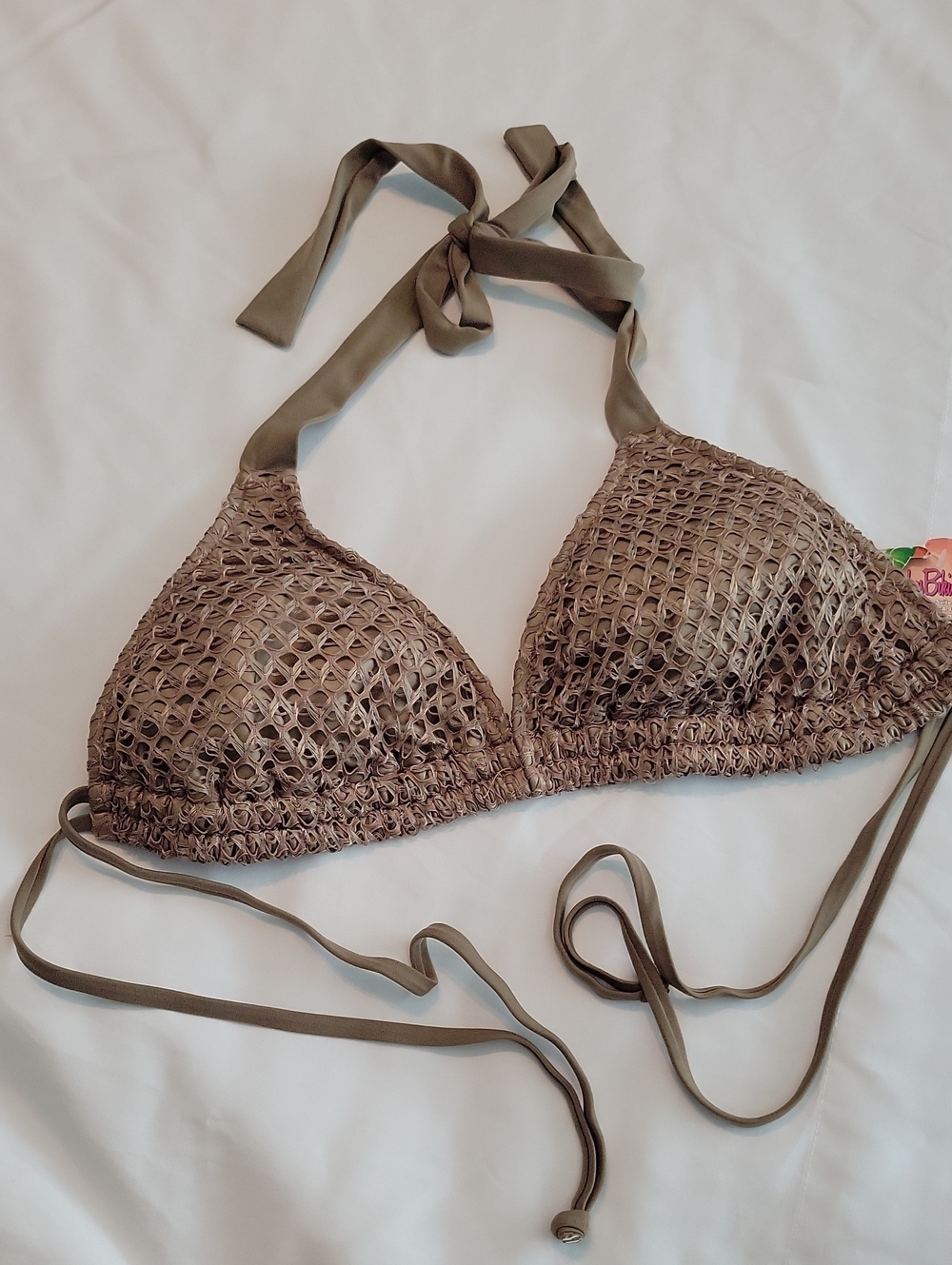Crochet Look Triangle Bandeau Bikini Top in Taupe
